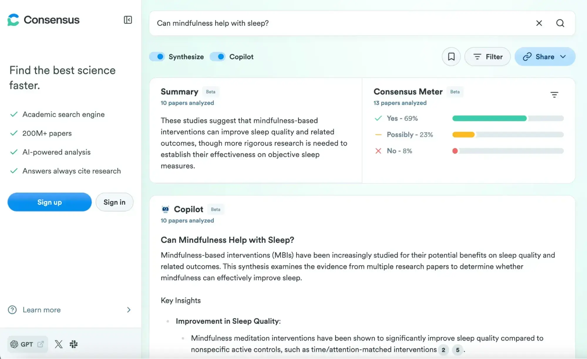 screenshot of consensus ai market research tool