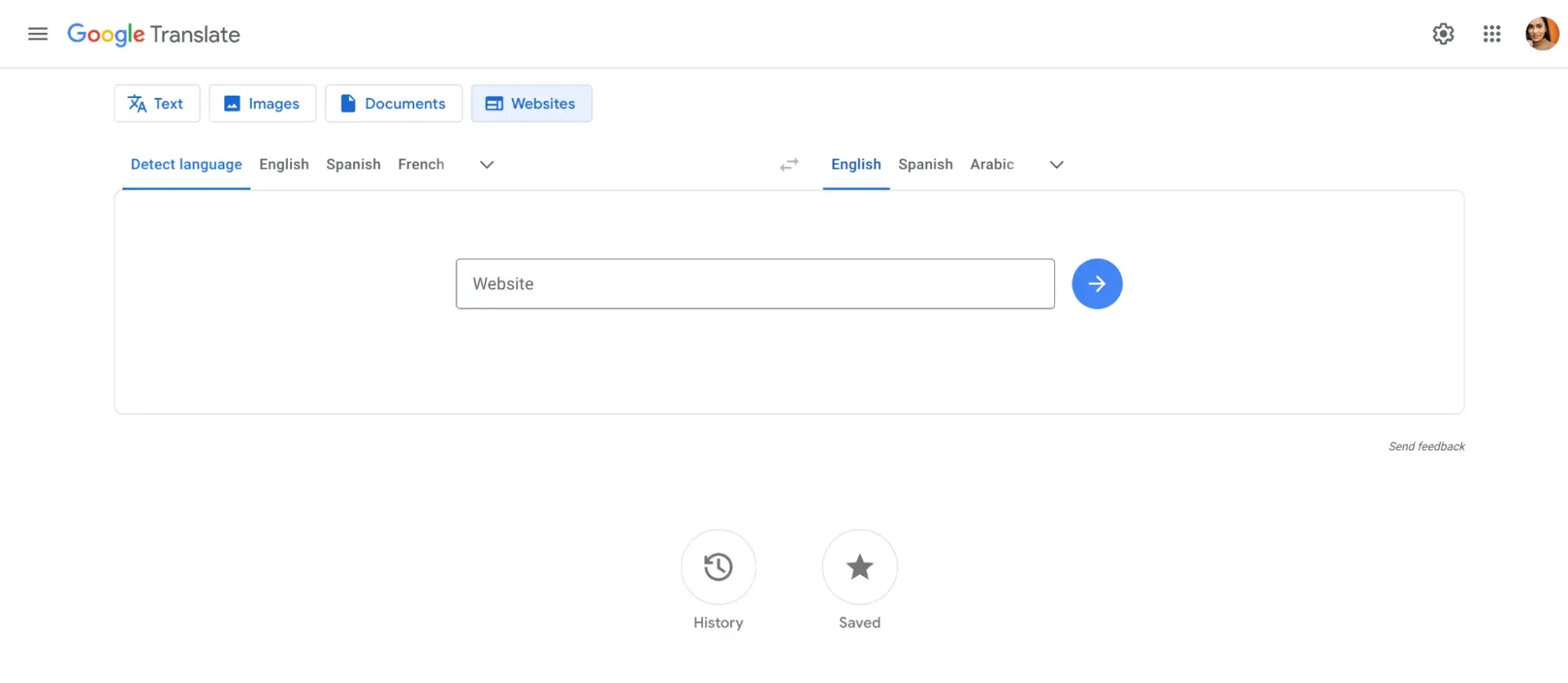 screenshot showing google translate homepage