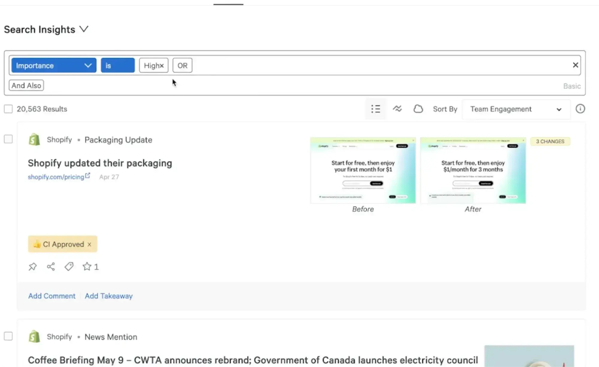 screenshot of “search insights” in crayon.co ai market research tool homepage