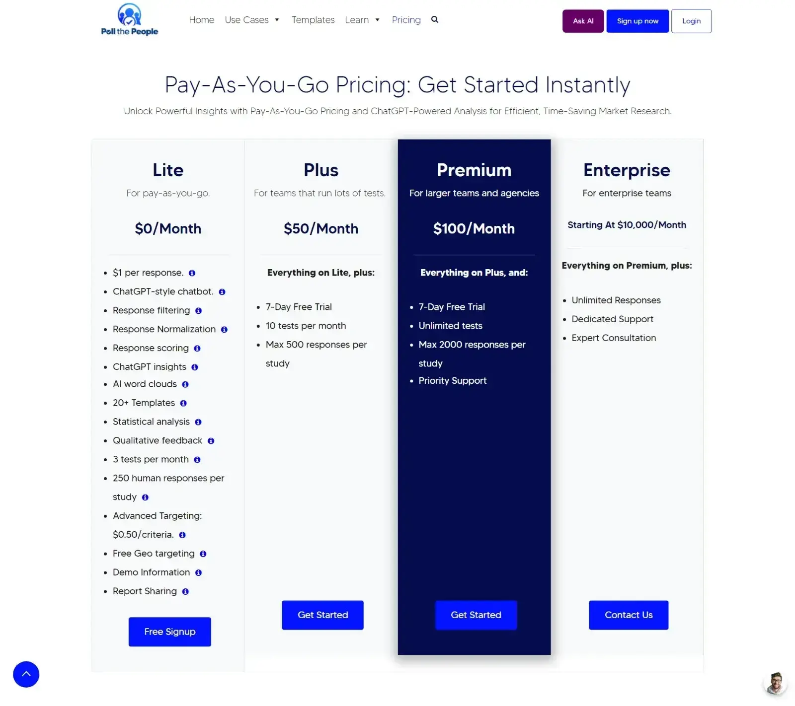 screenshot of poll the people market research tool pricing page