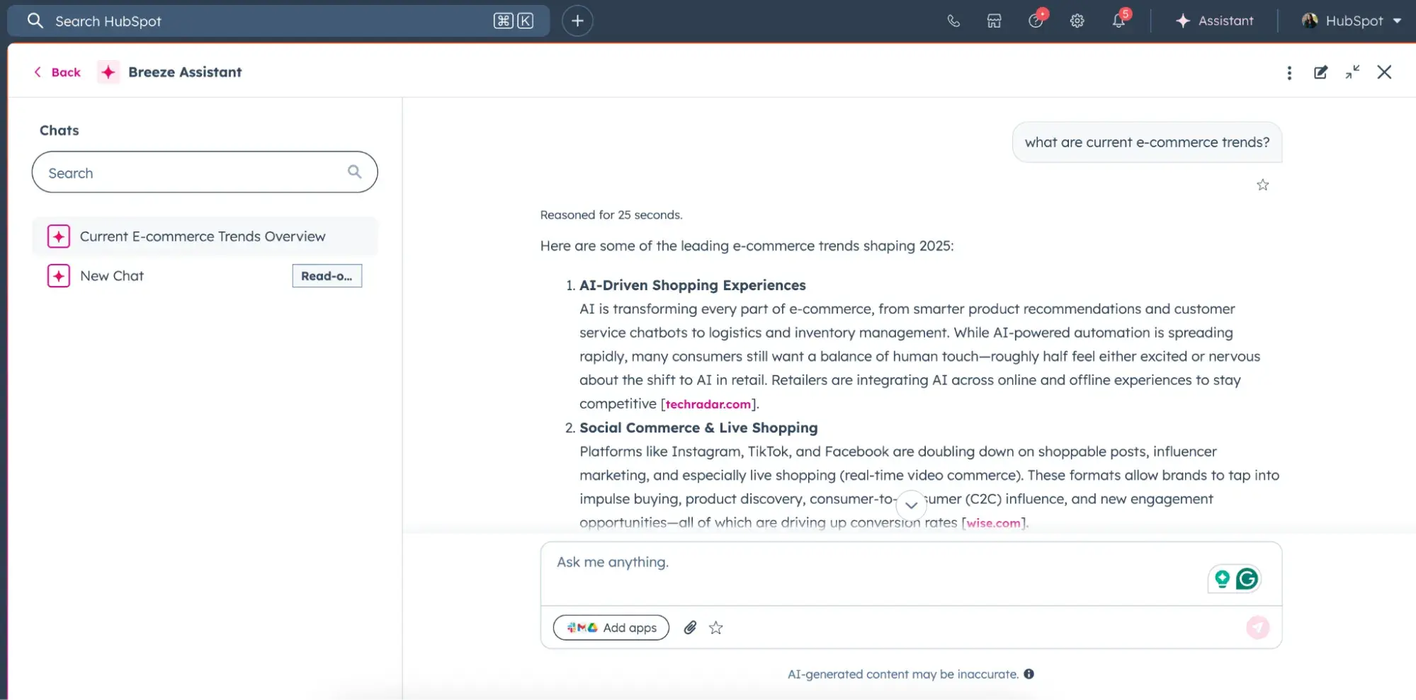 screenshot of response in breeze ai market research tool