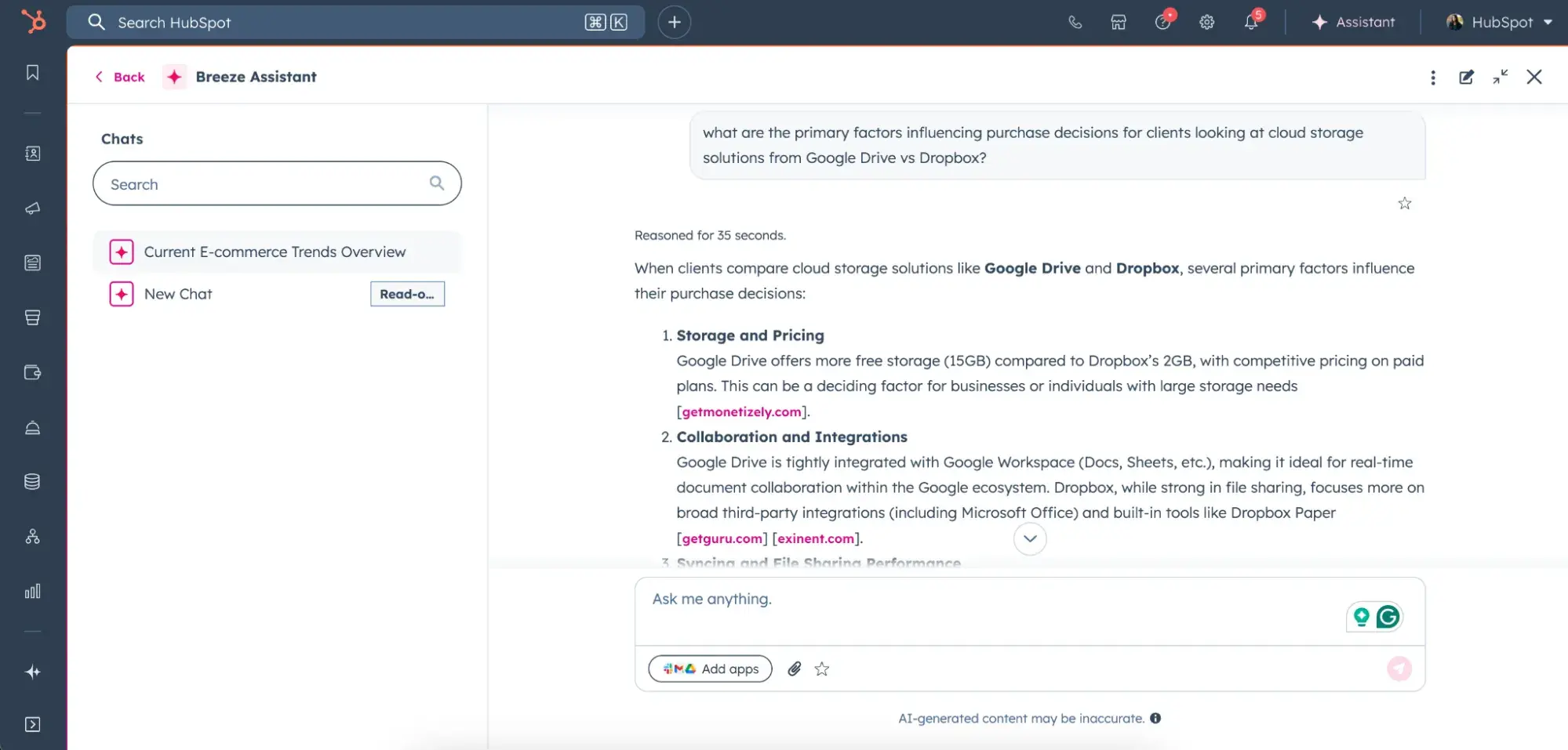 screenshot of response in breeze ai market research tool