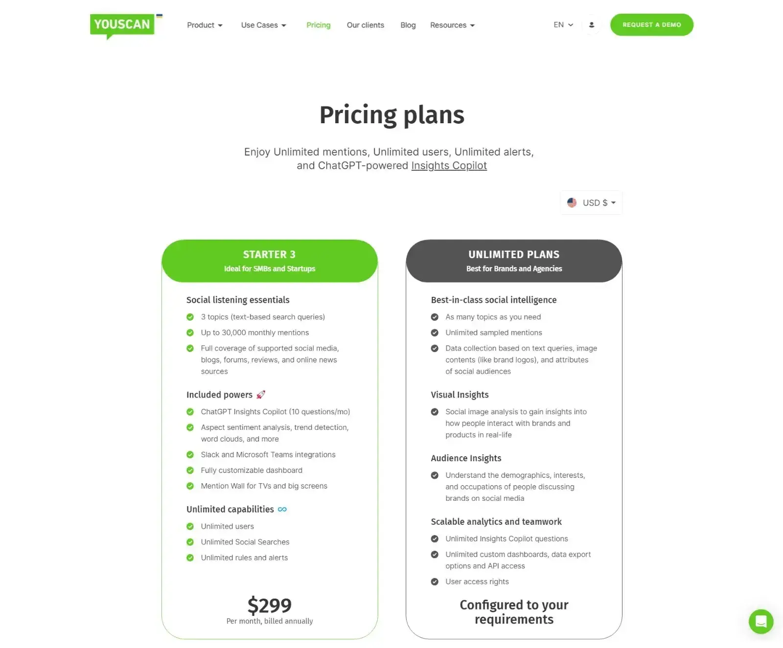 screenshot of youscan market research tool pricing page