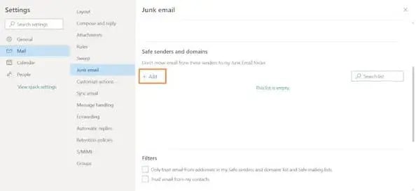 how to whitelist an email in outlook choose add