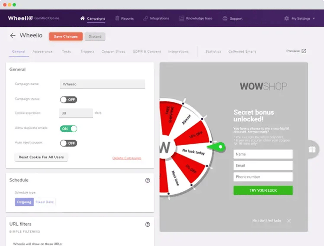 screenshot of a wheelio gamified pop-up showing a spin-to-win wheel with coupon prizes and an email sign-up form.