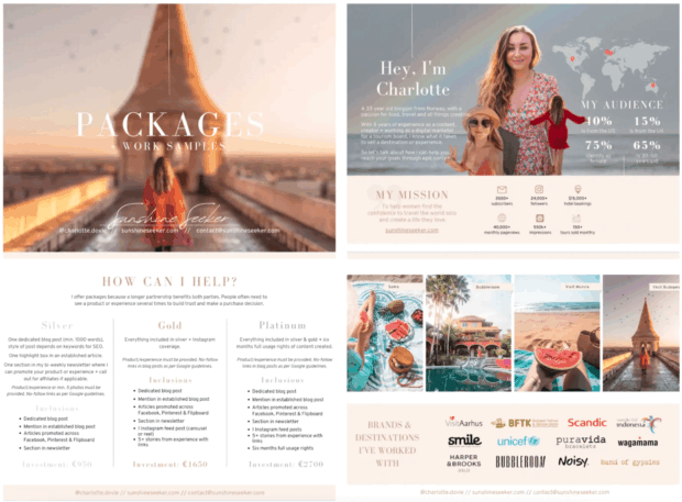 A social media kit for Charlotte, a travel blogger and digital marketer from sunshineseeker.com, detailing her audience demographics, mission, and different partnership packages (Silver, Gold, Platinum) with inclusions and pricing. The kit also lists brands and destinations she has worked with.