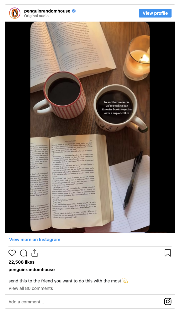 Penguin Random House Instagram Reel showing books and coffee with cozy reading setup