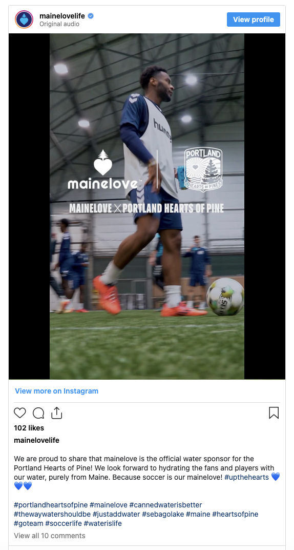 MaineLove Instagram Reel featuring soccer player with brand partnership announcement