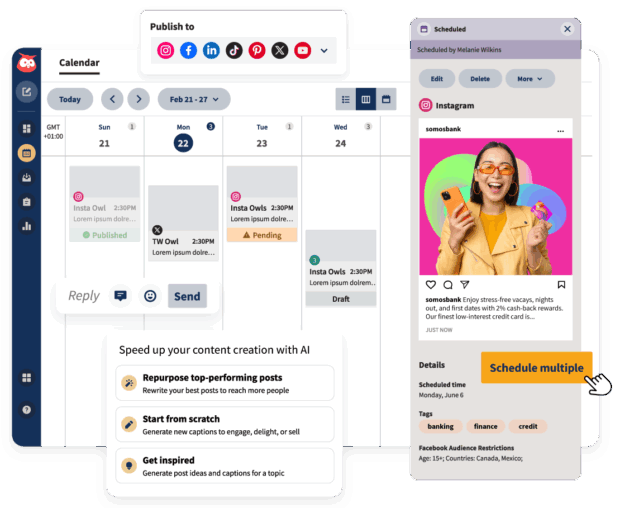 A screenshot of a social media content calendar with options to publish to various platforms like Instagram, Facebook, and LinkedIn. It also highlights features for speeding up content creation with AI, showcasing the planning and content generation aspects of social media automation.