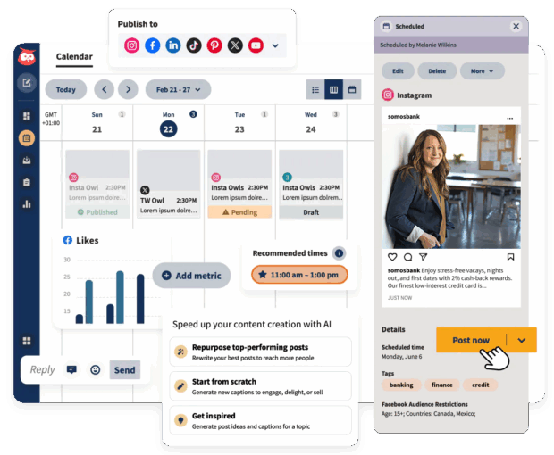 A screenshot of a social media content calendar with options to publish to various platforms like Instagram, Facebook, and LinkedIn. It also highlights features for speeding up content creation with AI, showcasing the planning and content generation aspects of social media automation.