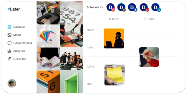 A screenshot of the "Later" social media management platform, featuring a calendar view for scheduling posts across various social media channels. The image highlights the scheduling and content management features of social media automation.