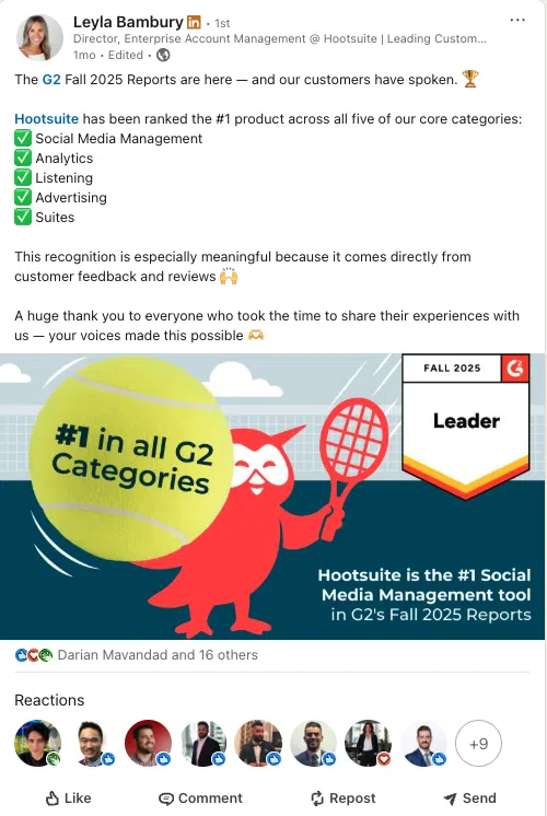 Employee advocacy LinkedIn post from a Hootsuite Employee announcing Hootsuite's G2 awards for Fall 2025