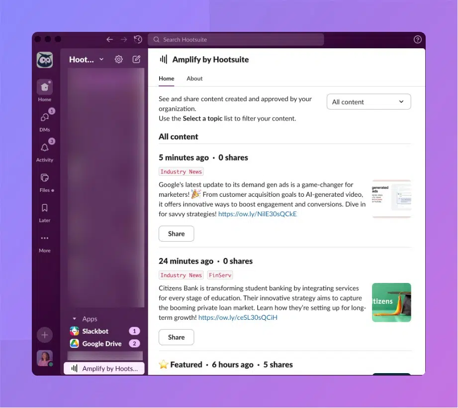 Screenshot of Amplify integration in Slack