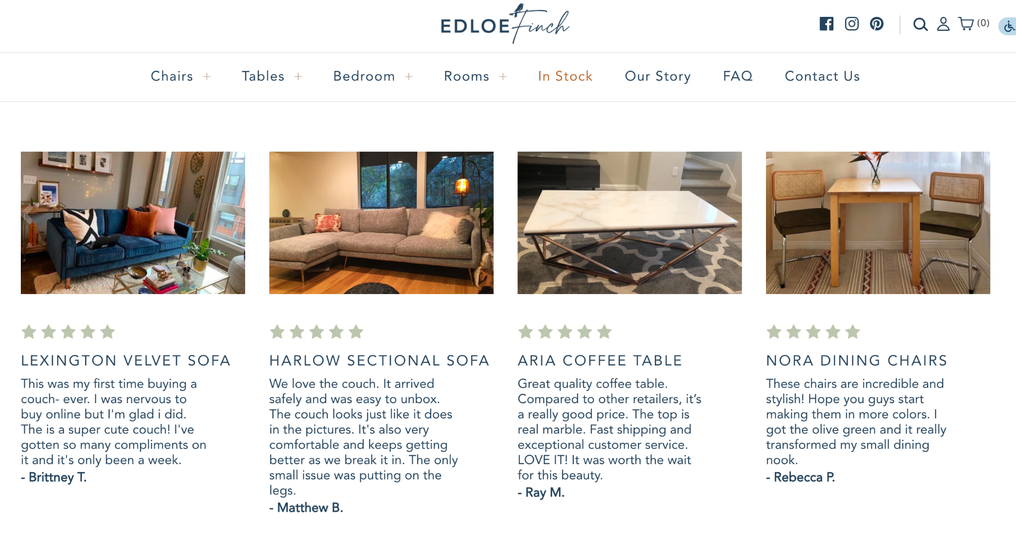 An e-commerce website for EDLOE finch furniture, featuring customer reviews and images of products like the "LEXINGTON VELVET SOFA" and "HARLOW SECTIONAL SOFA," demonstrating user-generated content in the form of product testimonials.
