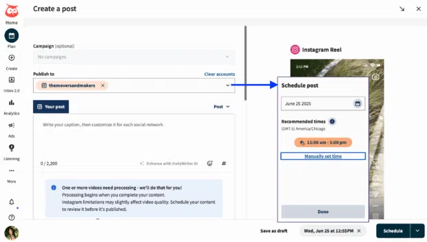 Hootsuite dashboard showing Instagram Reel creation and scheduling workflow