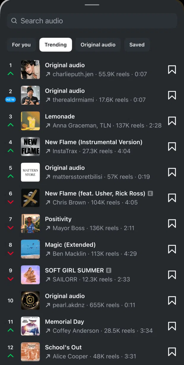 Instagram audio selection screen showing trending sounds and music library