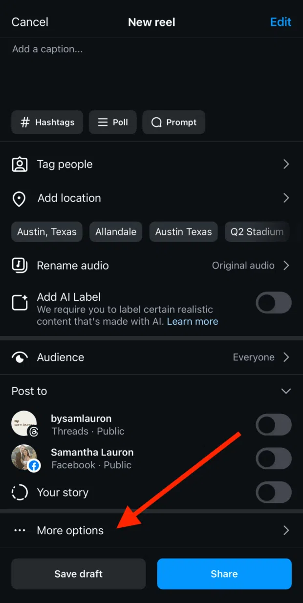 Instagram scheduling interface with "More options" menu highlighted