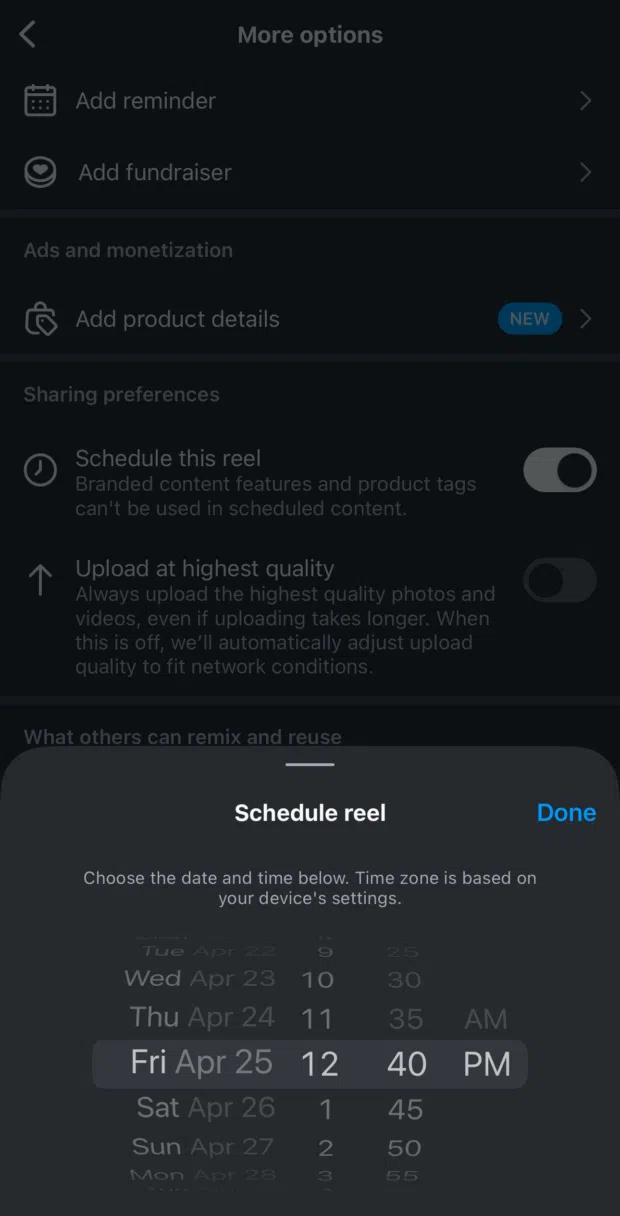 Instagram scheduling calendar interface showing date and time selection
