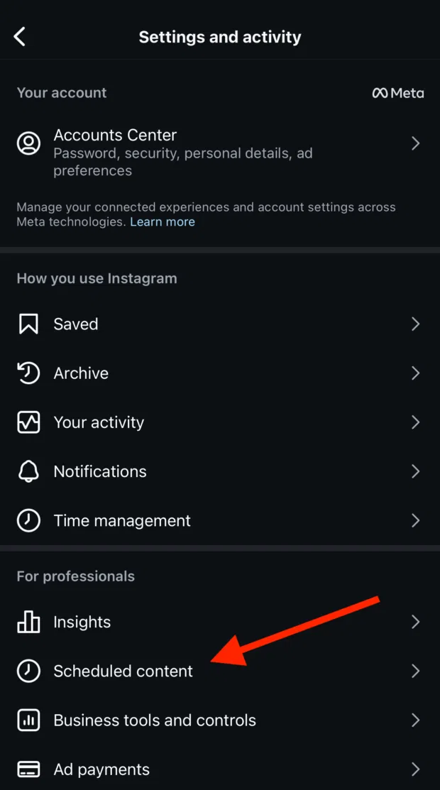 Instagram settings menu with "Scheduled content" option highlighted