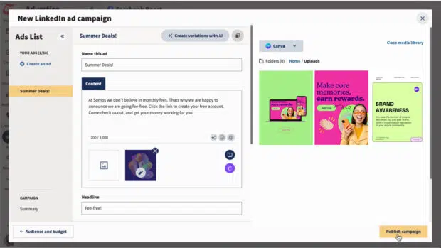 Screenshot of an ad being created in Hootsuite with the Media Library open, showing Canva designs ready to use