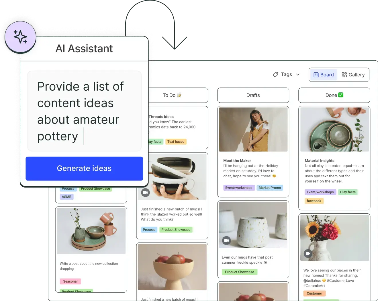 A digital workspace showing an AI assistant feature that helps generate social media content ideas. The pop-up on the left reads “Provide a list of content ideas about amateur pottery,” with a blue “Generate ideas” button below.