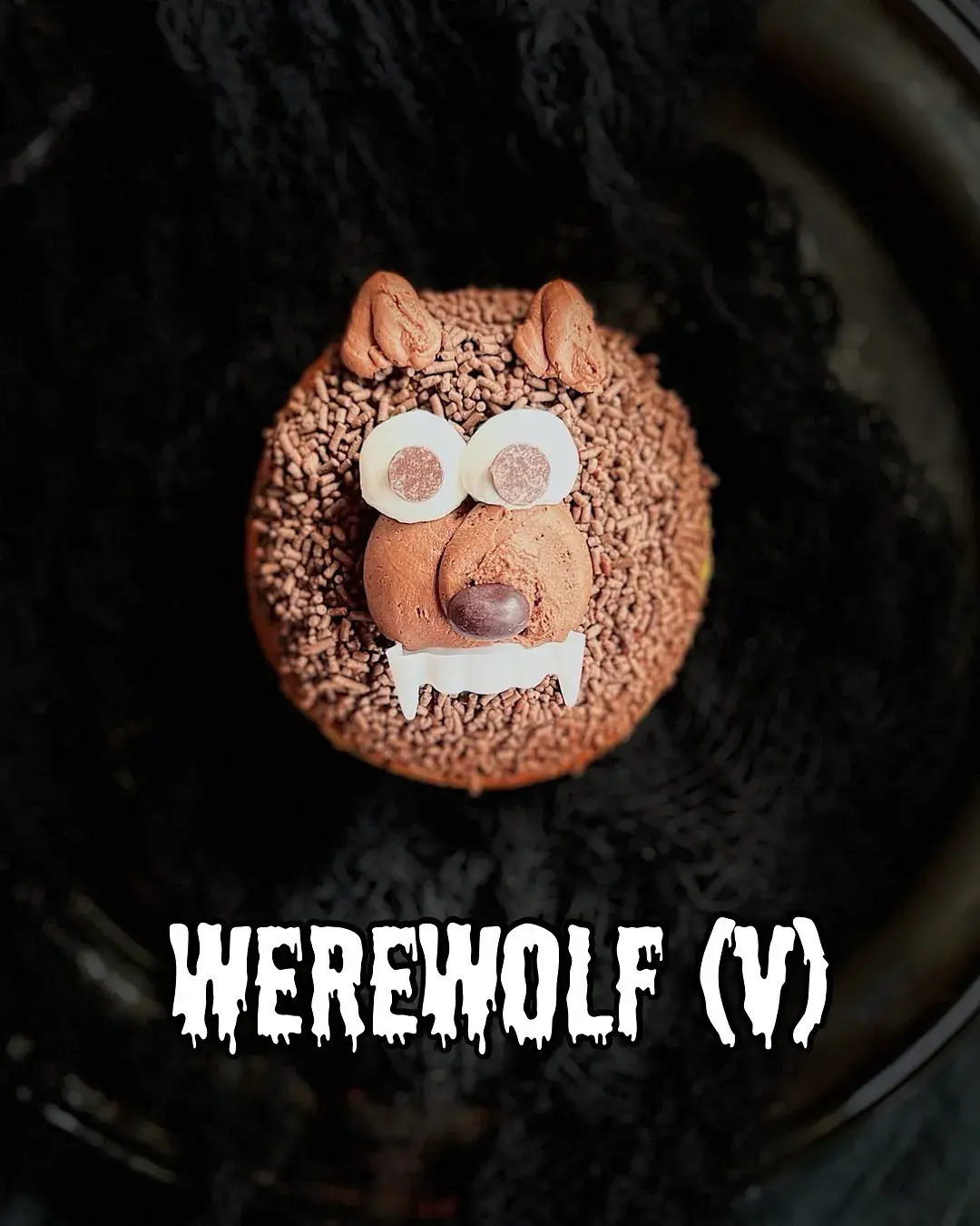 vegan doughnut decorated like a werewolf.