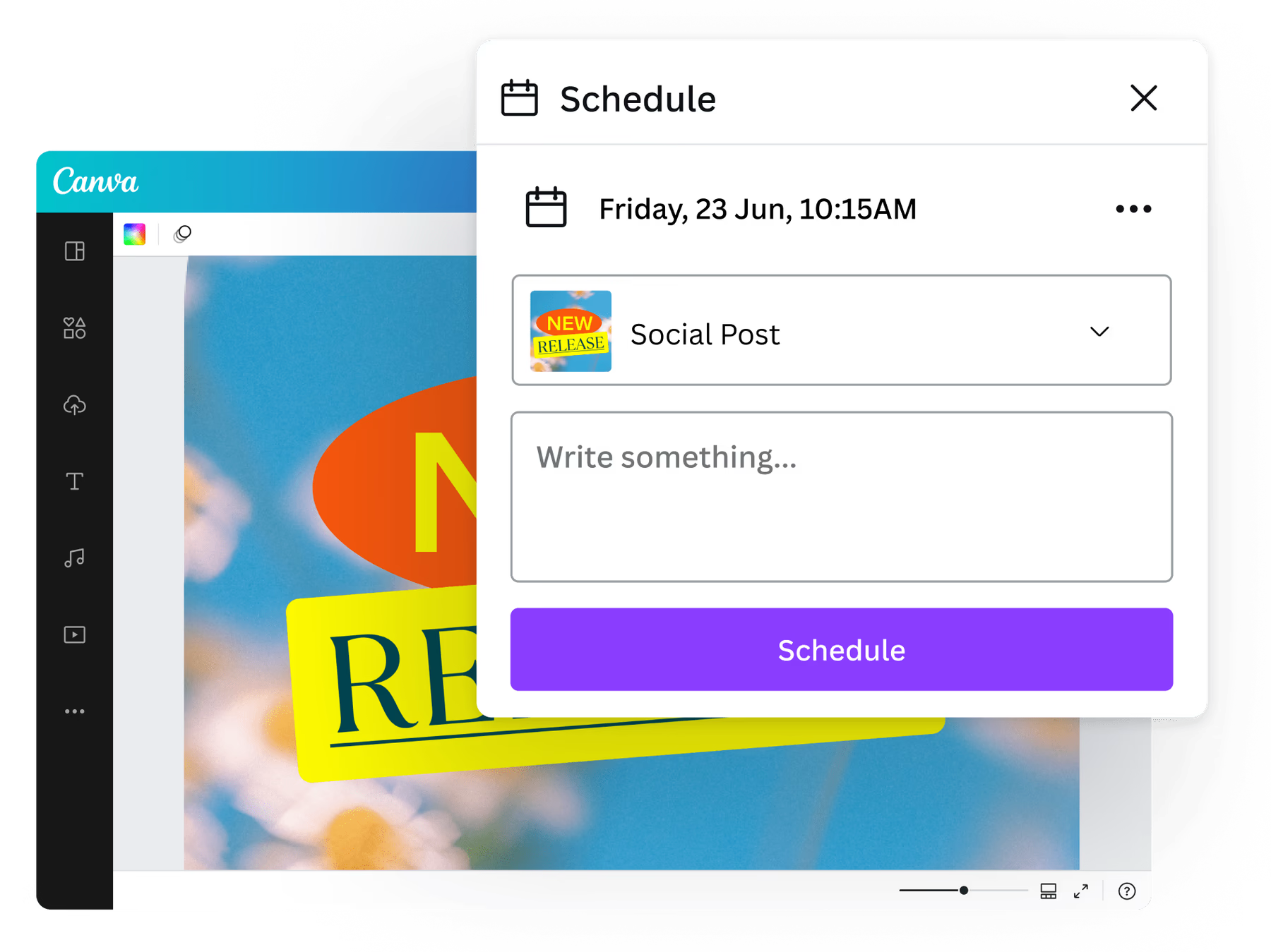 Graphic design shown in Canva with popup button asking if they user wants to schedule the post in the future.
