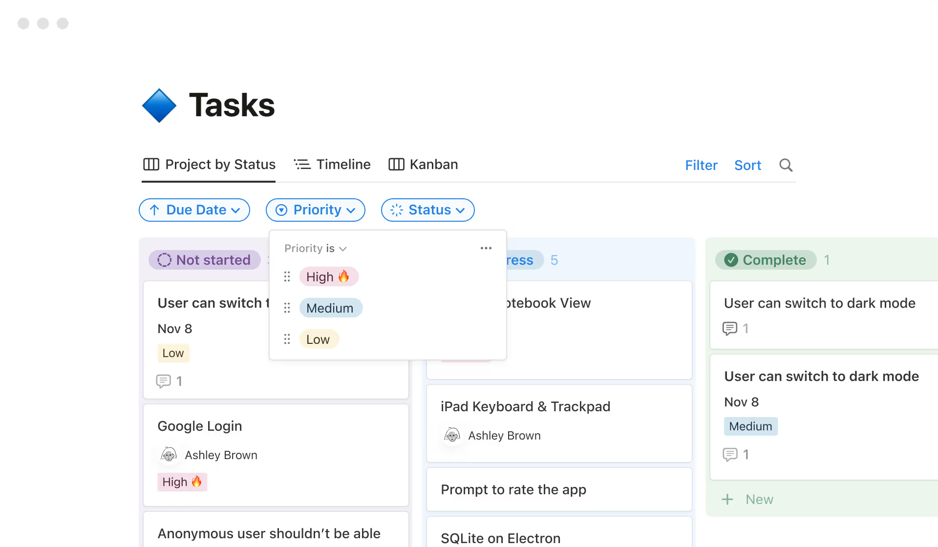 Kanban chart labelled "Tasks" showing a variety of tasks in columns of Not started, In progress, or Complete