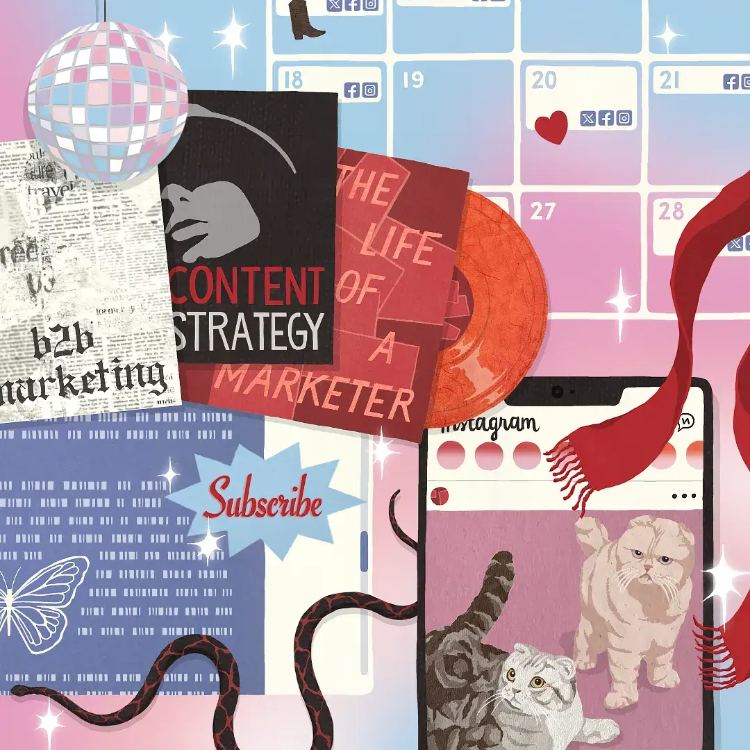 illustration of a marketing content calendar and taylor swift albums.