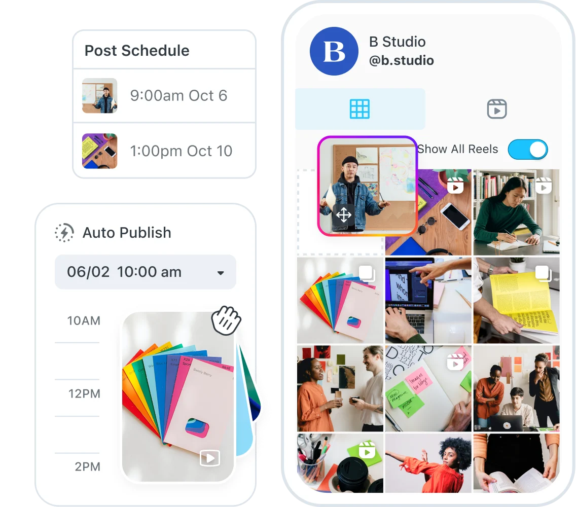 Social media dashboard showing B Studio’s post grid, scheduled posts, and auto-publish tools for managing and organizing content.