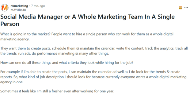 A Reddit post titled "Social Media Manager or A Whole Marketing Team In A Single Person," discussing the broad expectations for social media roles and the criteria for social media hiring.