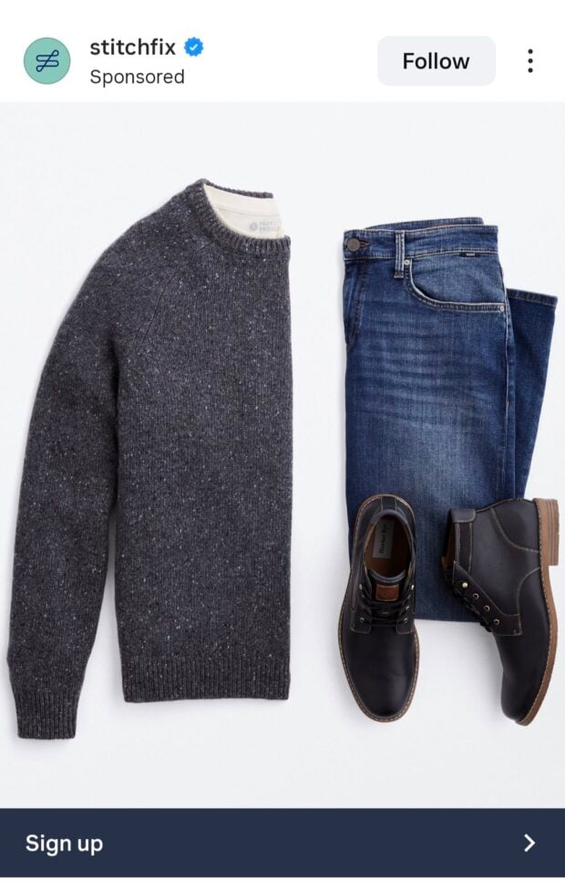 A sponsored social media post from Stitch Fix showcasing clothing, relevant to e-commerce and fashion marketing and the potential for social media hiring in these sectors.