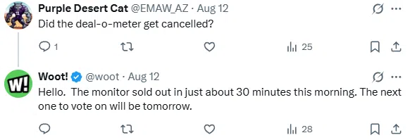 A social media interaction between "Purple Desert Cat" and "Woot!" discussing a product, showing real-time customer engagement that a social media hiring professional would manage.