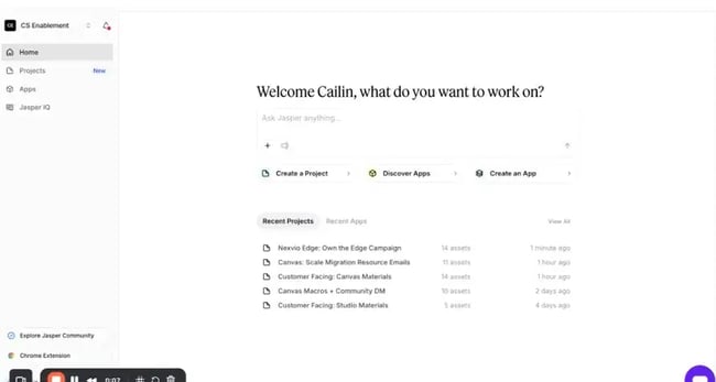 Jasper dashboard screenshot showing AI workflow automation tools for creating projects and apps.
