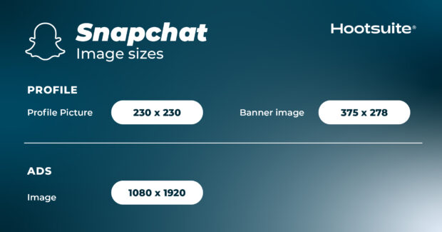 Snapchat social media image size chart including dimensions for profile pictures, banner images, and ads.