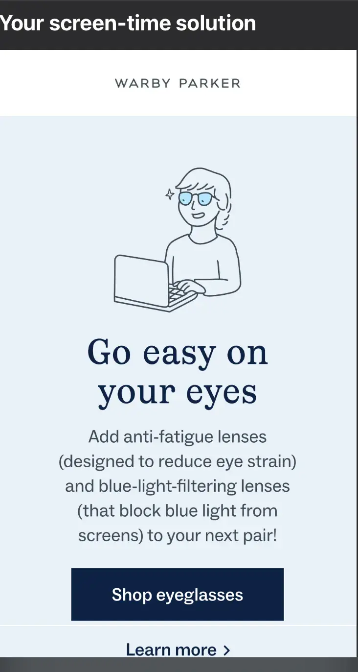 warby parker lead nurturing email, email marketing campaign