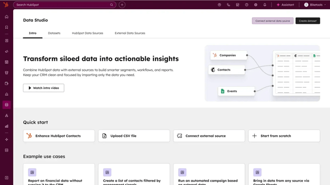 hubspot data hub data studio interface showing unified datasets powered by ai workflow automation tools.