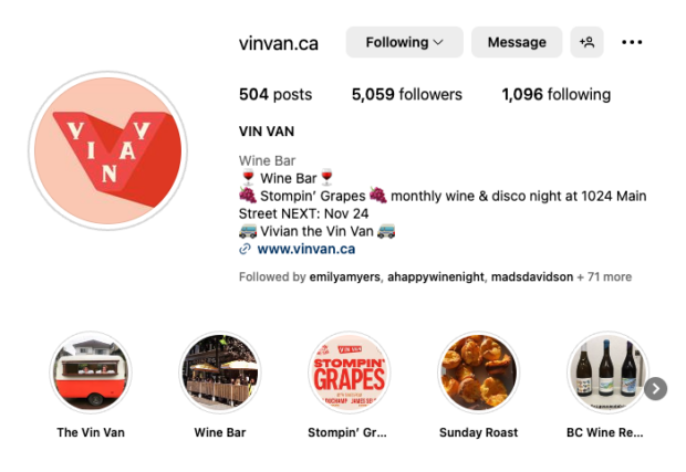 Vin Van Wine Bar Instagram profile with emojis in bio and colourful story highlights