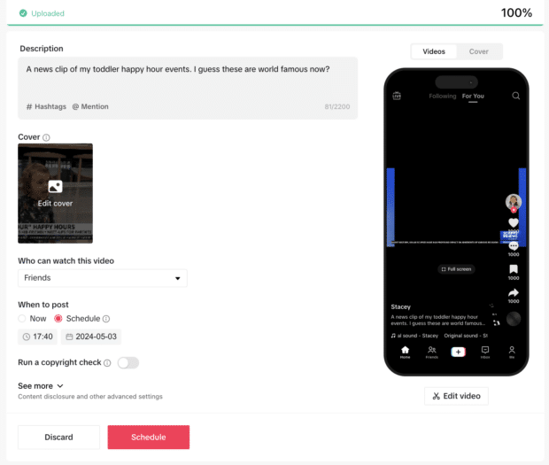 add description hashtags and mentions to video