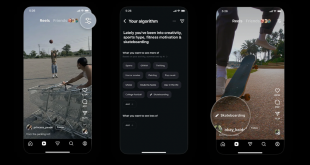 A trio of screenshots showing Instagram’s newest feature, Your Algorithm.