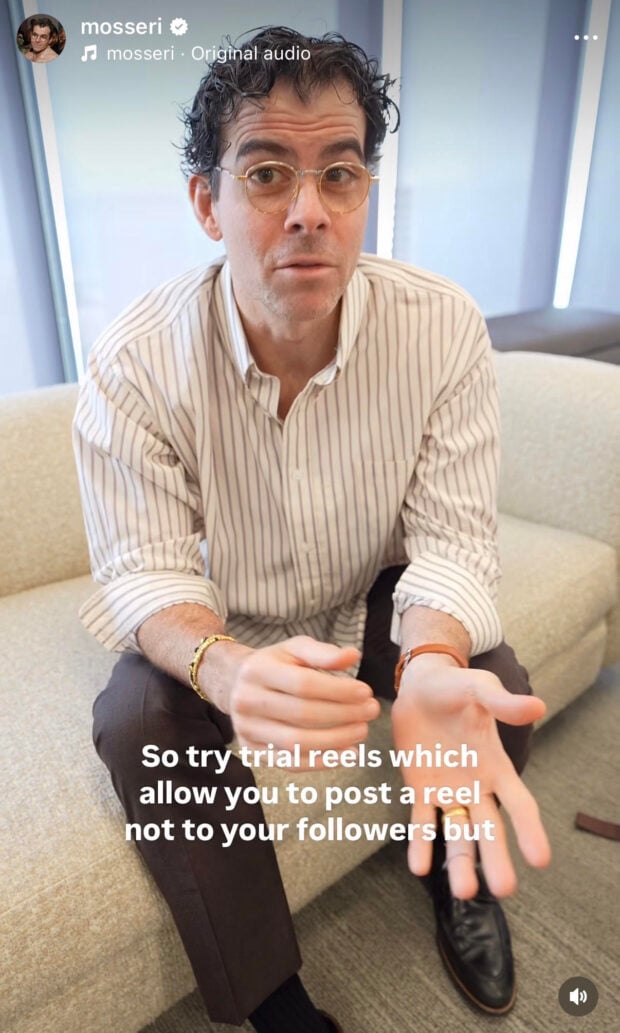 Instagram Reel from Adam Mosseri, Head of Instagram, explaining Trial Reels