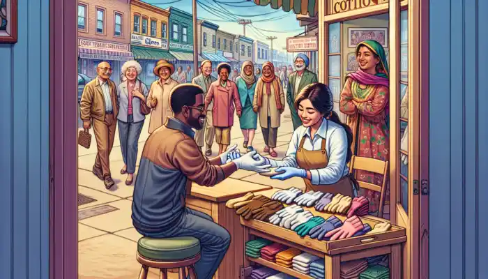 A vibrant Reading street scene: a local shop with shelves of cotton gloves, shopkeeper fitting a smiling customer, neighbors chatting.