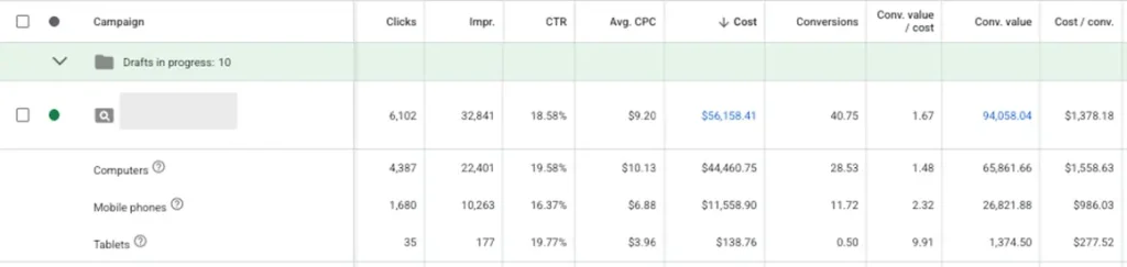 google ads reports - device segment