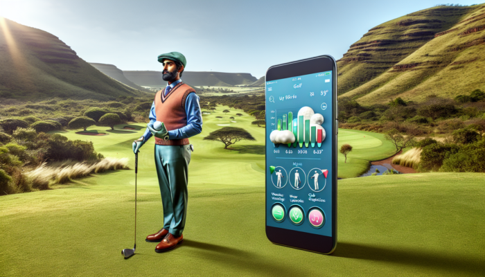 A golfer on a lush KwaZulu-Natal course holds a phone with a golf app showing weather data and club recommendations, amid wind-swept trees and rolling hills under a vibrant sky.