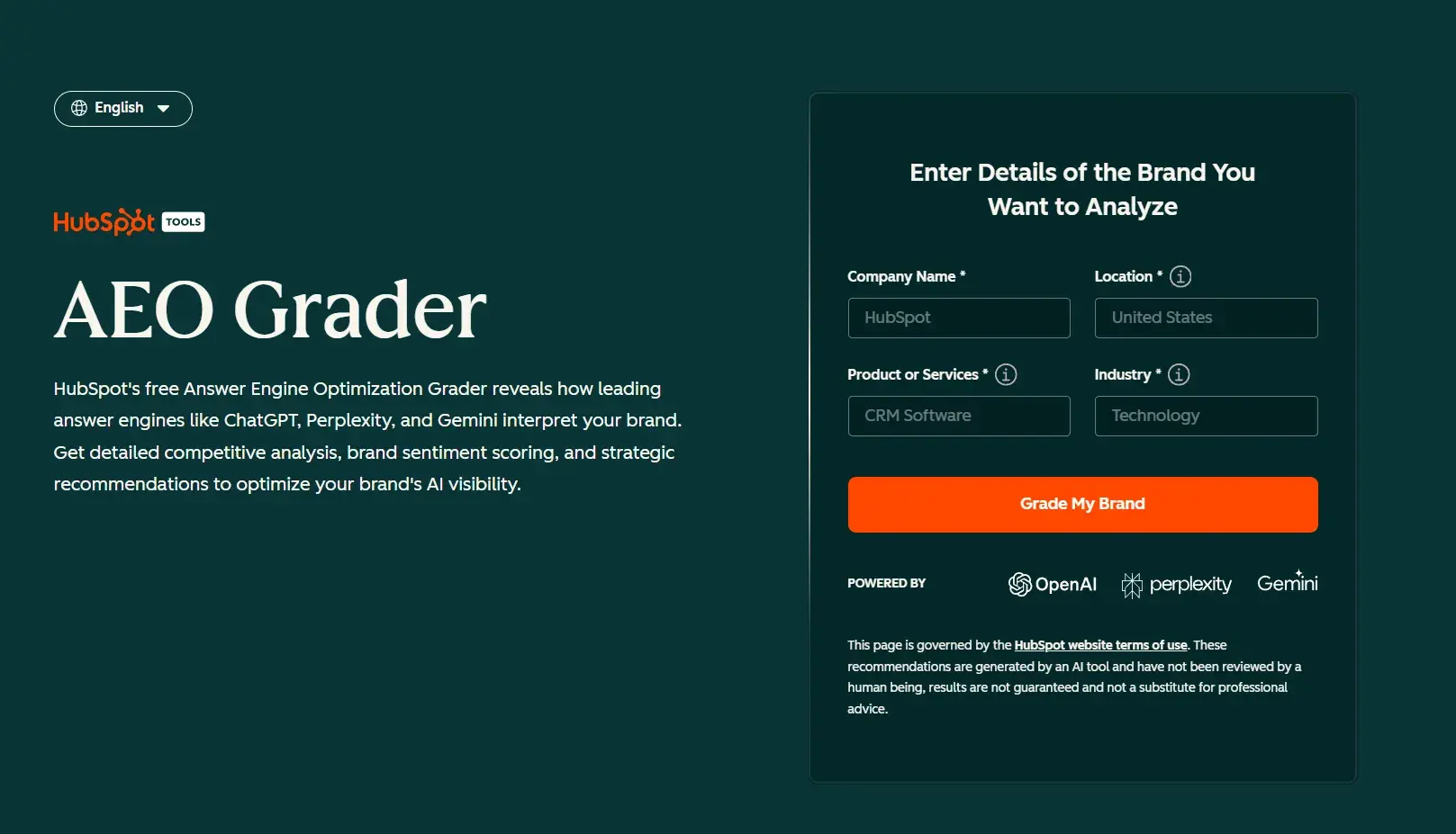 screenshot from aeo grader shows how easy it is to get started and grade your brand in ai search.