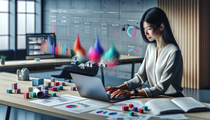 Real estate analyst in a modern office examines laptop displaying Colesberg property comparisons, including listings, graphs, maps, and notes.