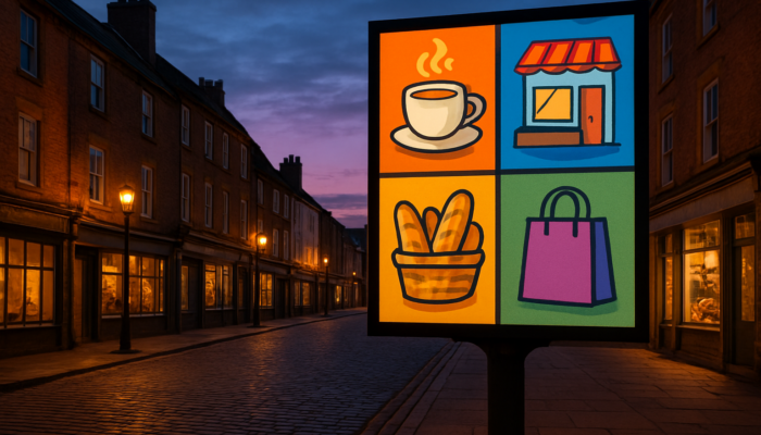 Vibrant digital billboard in Warminster high street advertising local cafe and artisan shop at twilight.