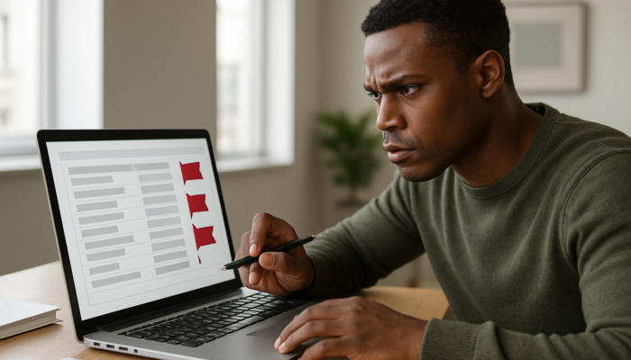 South African reviewing credit report on laptop, highlighting errors with pen for better loan prospects.