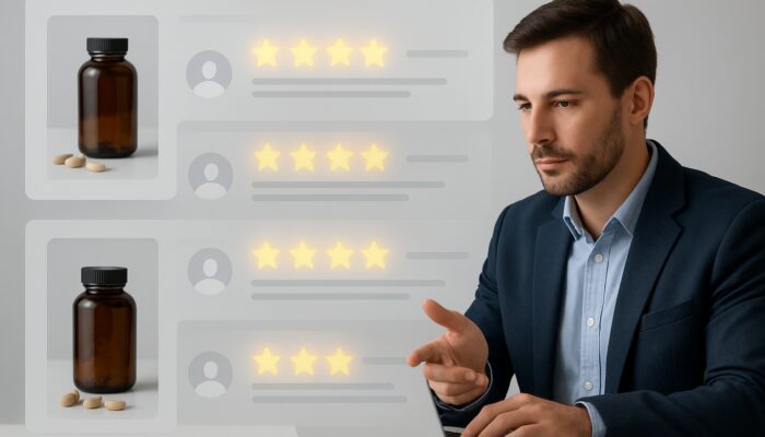 Vibrant online store page for health supplements showcasing glowing reviews, critical feedback, and brand responses.