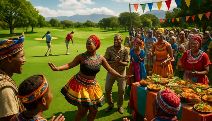 Vibrant South African country club scene: golfers on green course, cultural performances, and colorful culinary displays.